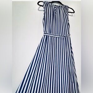Juicy Couture Blue/White Striped Midi Dress Nautical Chic Sleeveless Tie Waist L